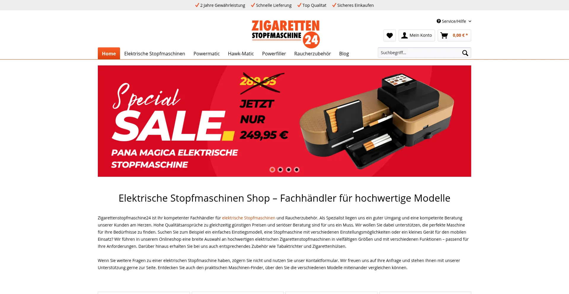 Website screenshot of Zigarettenstopfmaschine24.com