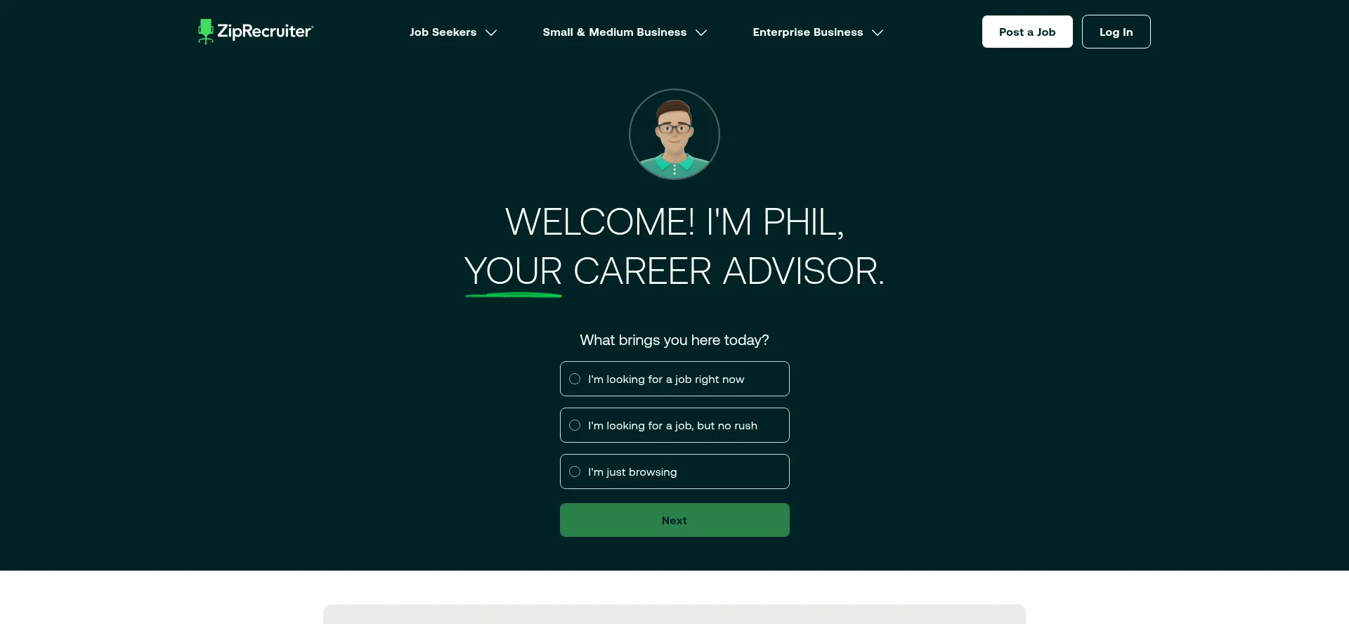 Website screenshot of Ziprecruiter.com