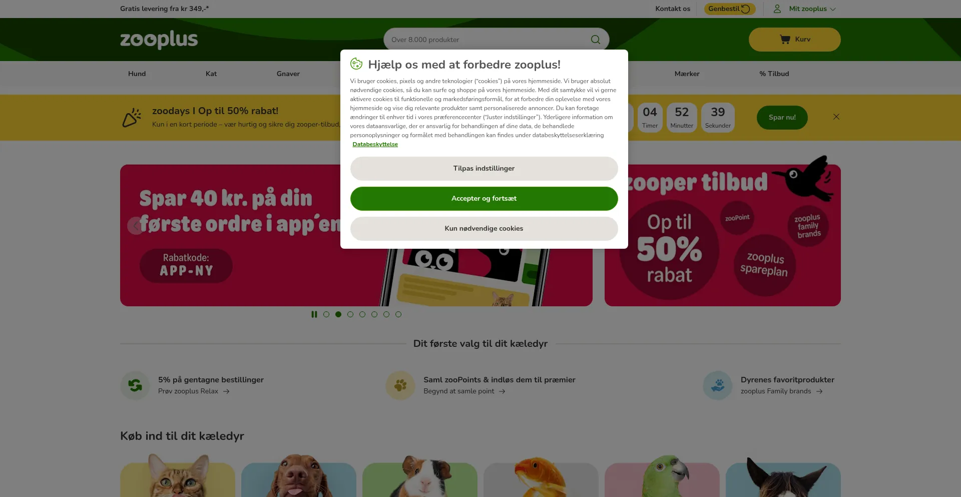 Website screenshot of Zooplus.dk